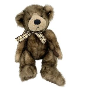 Russ Berrie 90’s Cappuccino Stuffed Teddy Bear Plush Plaid Bow